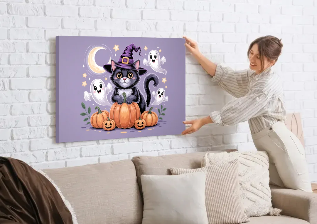 Whimsical Cat and Pumpkin Cute Halloween canvas wall art being hung on a white brick wall above a sofa