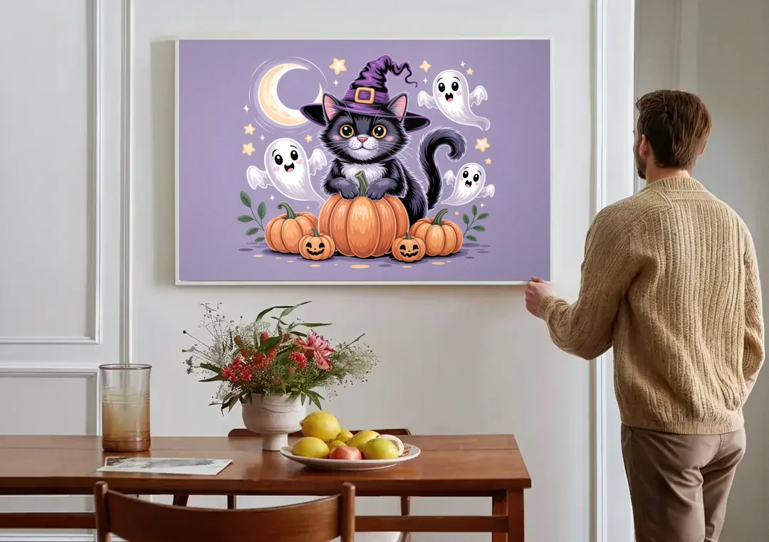 Whimsical Cat and Pumpkin Cute Halloween canvas wall art above a dining table