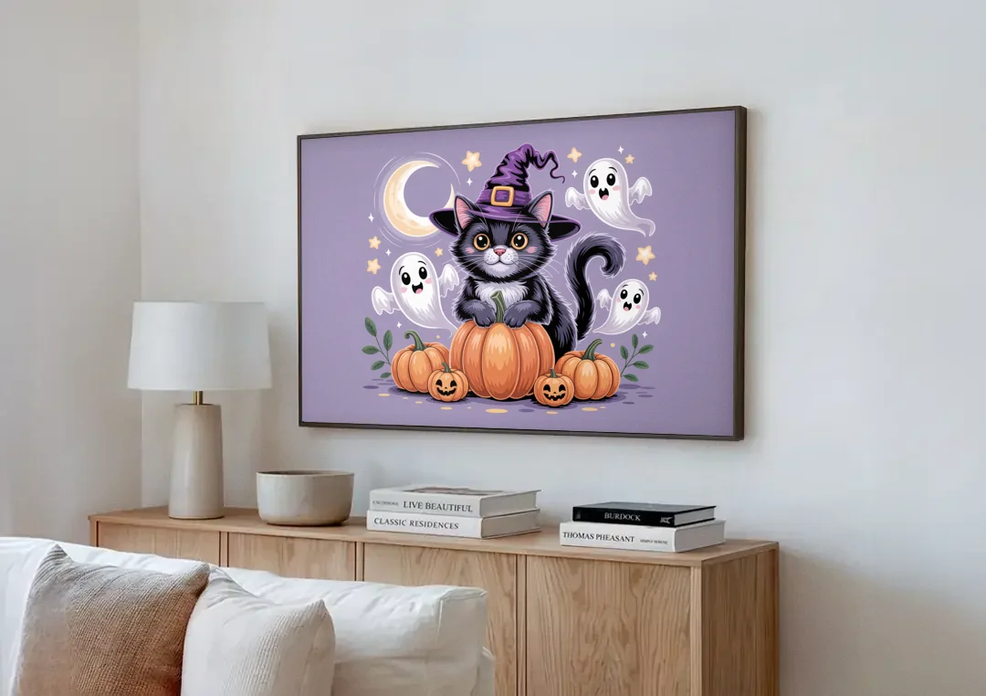 Whimsical Cat and Pumpkin Cute Halloween canvas wall art above a wooden sideboard next to a sofa
