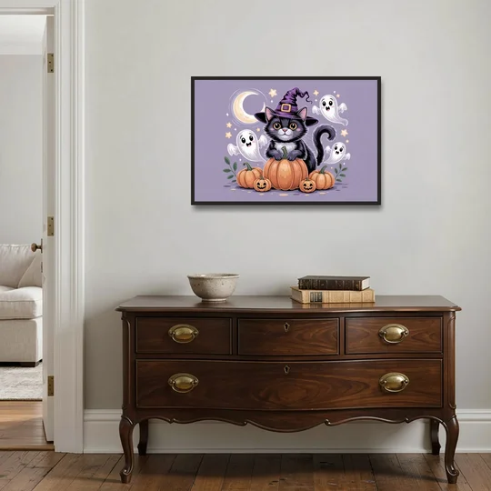 Whimsical Cat and Pumpkin Cute Halloween - Black Framed Canvas Wall Art - Coffee Table - 36x24
