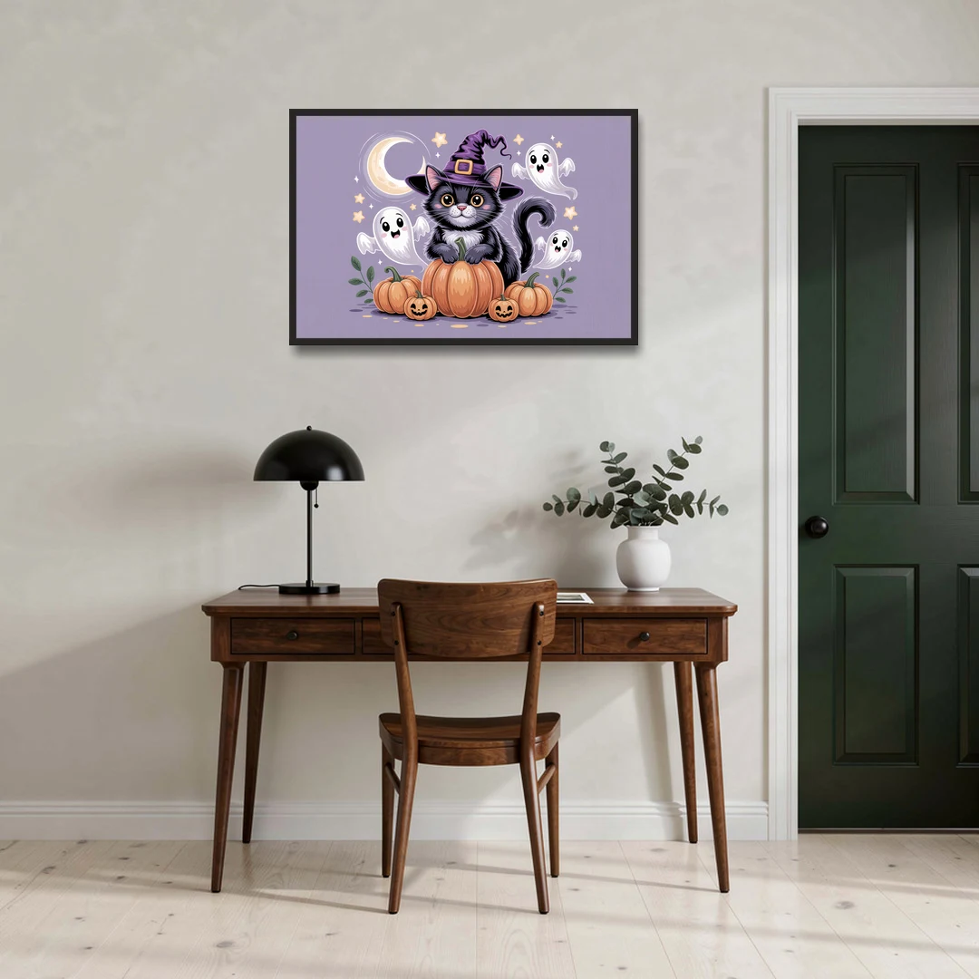 Whimsical Cat and Pumpkin Cute Halloween - Black Framed Canvas Wall Art - Office - 36x24