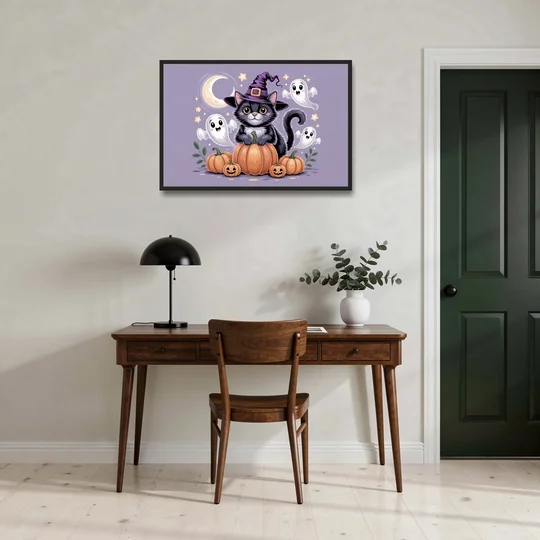Whimsical Cat and Pumpkin Cute Halloween - Black Framed Canvas Wall Art - Office - 36x24