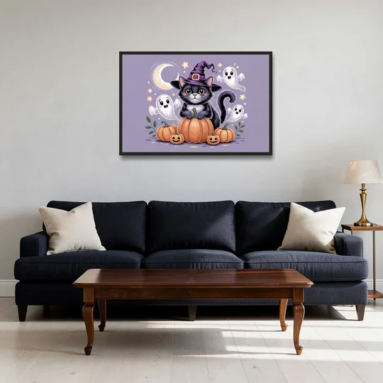 Whimsical Cat and Pumpkin Cute Halloween - Black Framed Canvas Wall Art - Sofa - 36x24