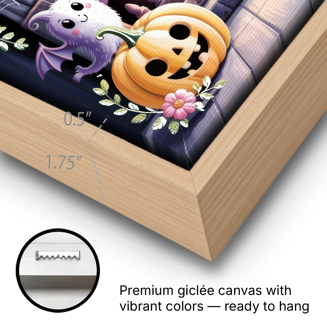 Whimsical Creatures Cute Halloween - Oak Framed Canvas Wall Art - Gallery Wrap Corner