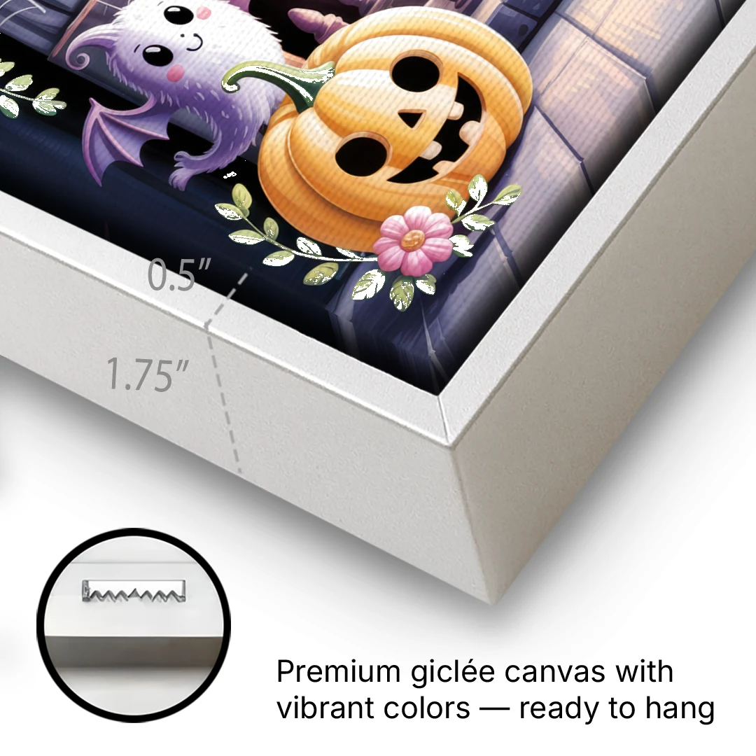Whimsical Creatures Cute Halloween - White Framed Canvas Wall Art - Gallery Wrap Corner