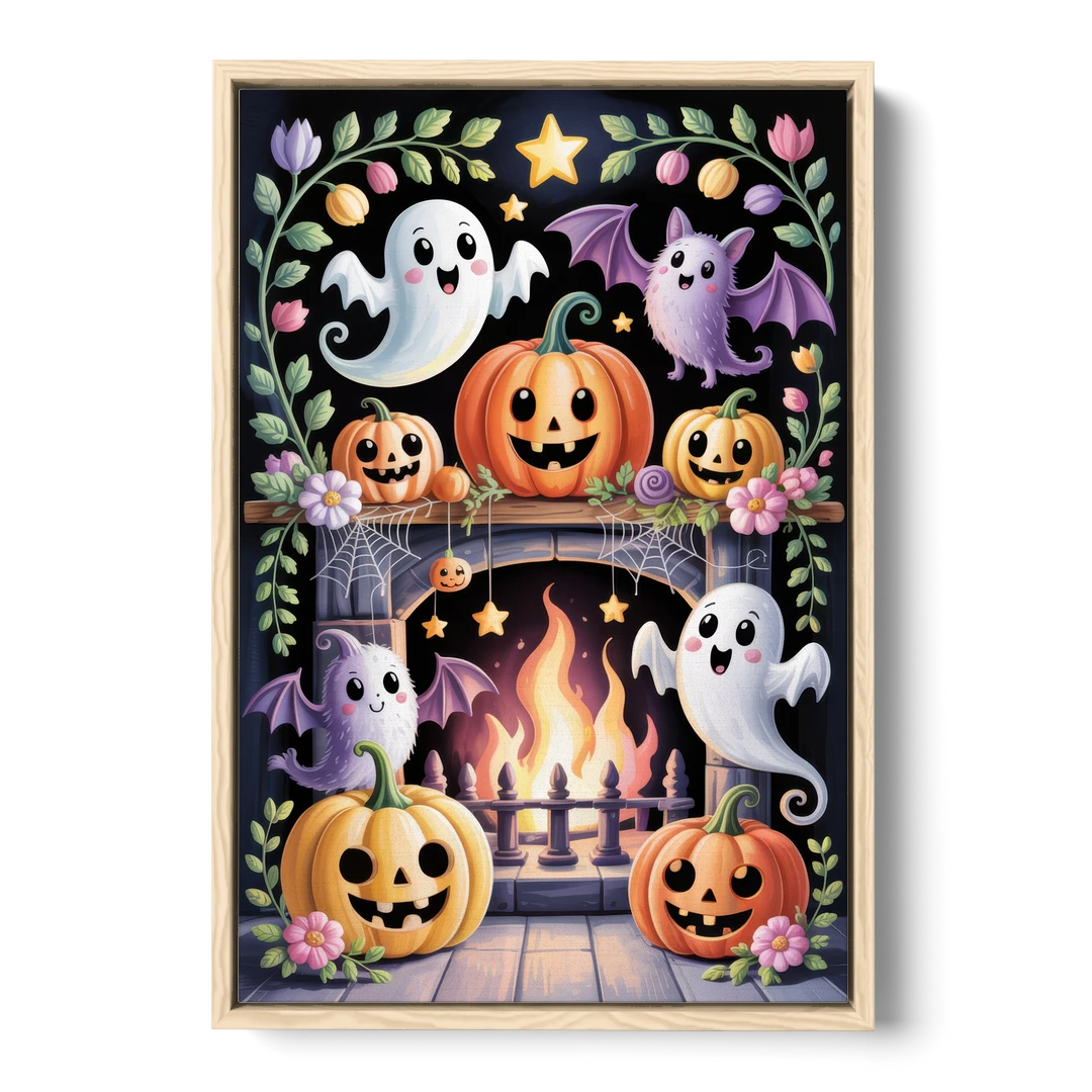 Whimsical Creatures Cute Halloween - Oak Framed Canvas Wall Art - Front