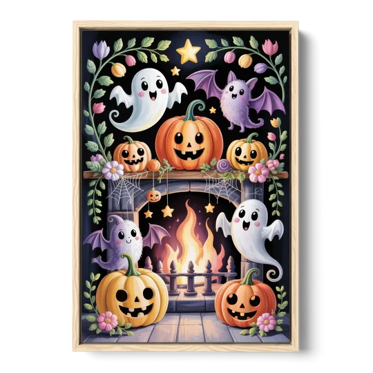 Whimsical Creatures Cute Halloween - Oak Framed Canvas Wall Art - Front