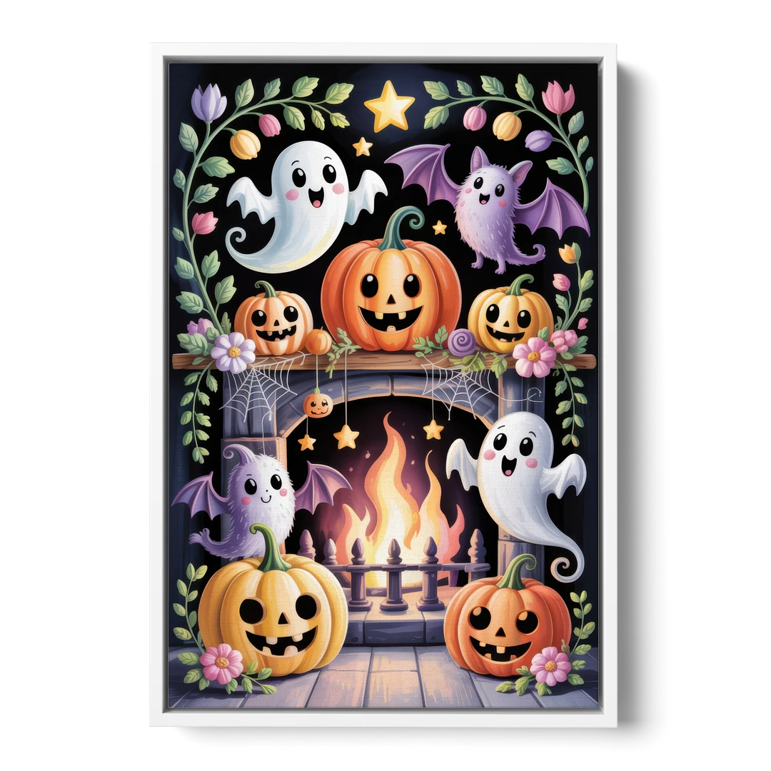 Whimsical Creatures Cute Halloween - White Framed Canvas Wall Art - Front