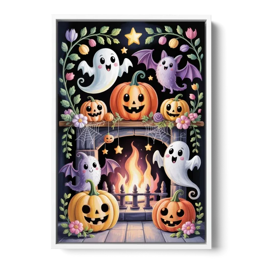 Whimsical Creatures Cute Halloween - White Framed Canvas Wall Art - Front