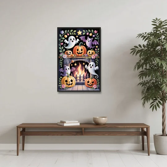 Whimsical Creatures Cute Halloween - Black Framed Canvas Wall Art - Coffee Table - 24x36