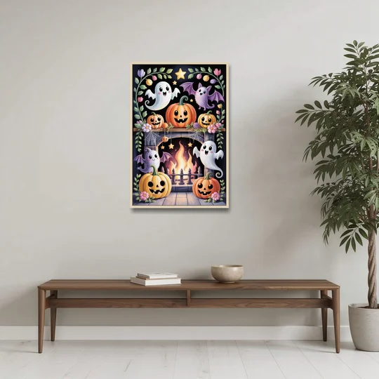 Whimsical Creatures Cute Halloween - Oak Framed Canvas Wall Art - Coffee Table - 24x36