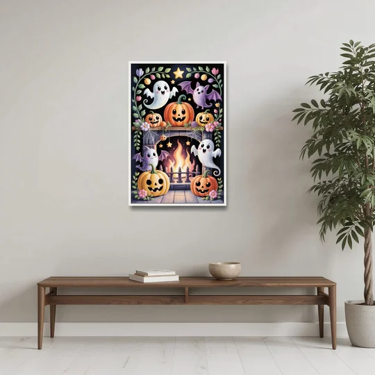 Whimsical Creatures Cute Halloween - White Framed Canvas Wall Art - Coffee Table - 24x36