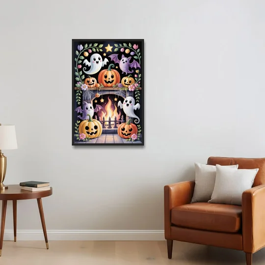 Whimsical Creatures Cute Halloween - Black Framed Canvas Wall Art - Sofa - 24x36