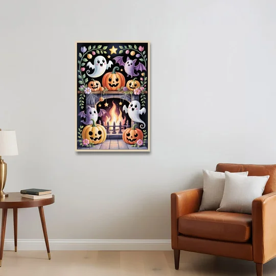 Whimsical Creatures Cute Halloween - Oak Framed Canvas Wall Art - Sofa - 24x36