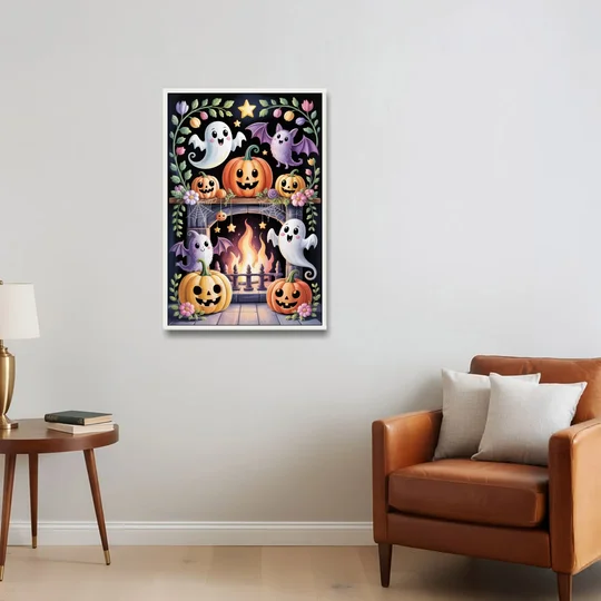 Whimsical Creatures Cute Halloween - White Framed Canvas Wall Art - Sofa - 24x36