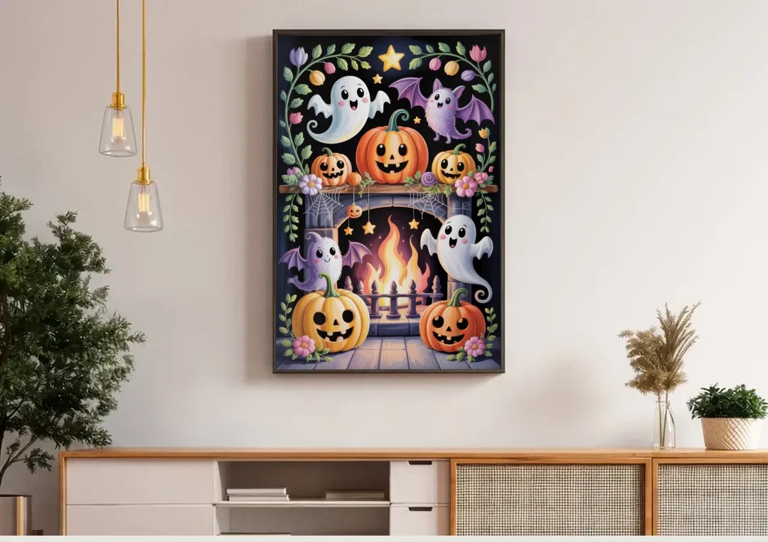 Whimsical Creatures Cute Halloween canvas wall art above a wooden sideboard under pendant lights