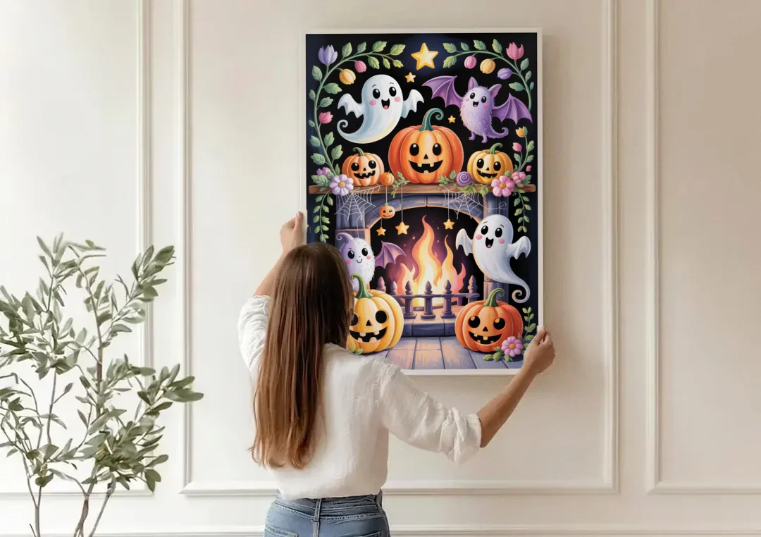 Whimsical Creatures Cute Halloween canvas wall art being hung on a paneled wall
