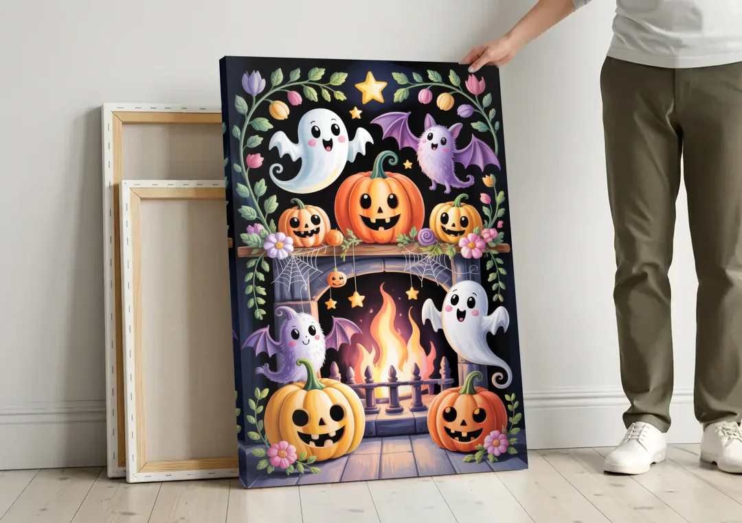 Whimsical Creatures Cute Halloween canvas wall art leaning against a wall next to blank canvases