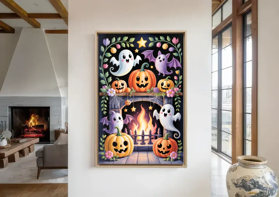 Whimsical Creatures Cute Halloween canvas wall art in a living room with a fireplace