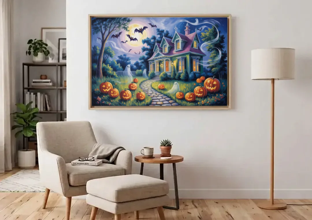 Whimsical Enchantment Victorian Halloween canvas wall art above an armchair in a bright living room