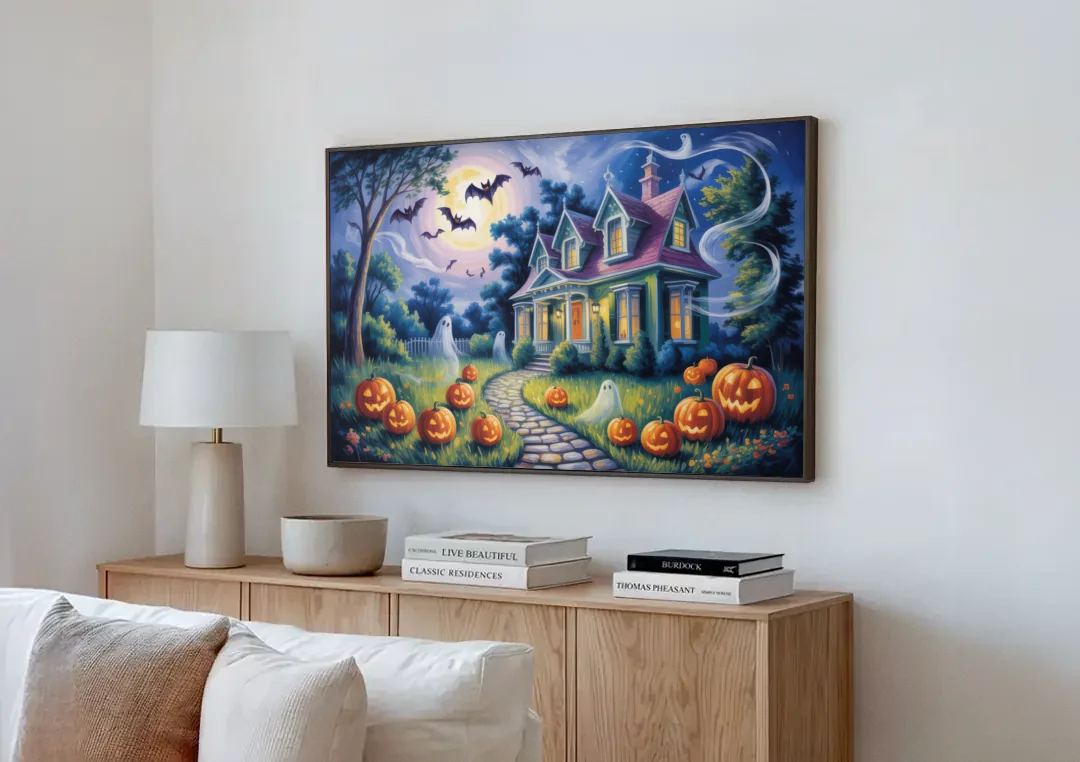 Whimsical Enchantment Victorian Halloween canvas wall art above a wooden sideboard next to a sofa