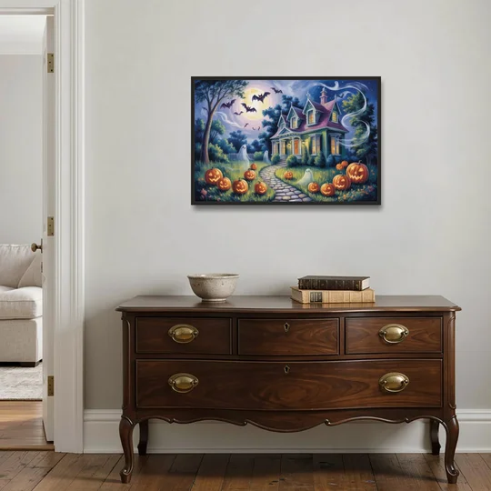 Whimsical Enchantment Victorian Halloween - Black Framed Canvas Wall Art - Coffee Table - 36x24