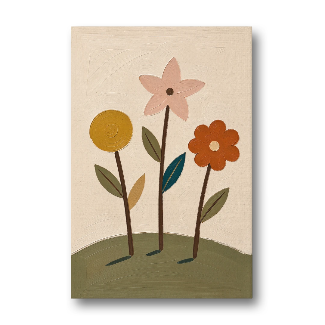 Whimsical Flower Painting of Three Hilltop Stems - Canvas Wall Art - Front