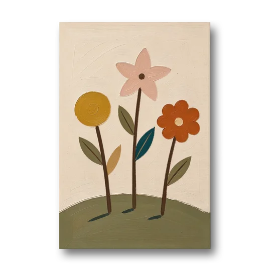 Whimsical Flower Painting of Three Hilltop Stems - Canvas Wall Art - Front