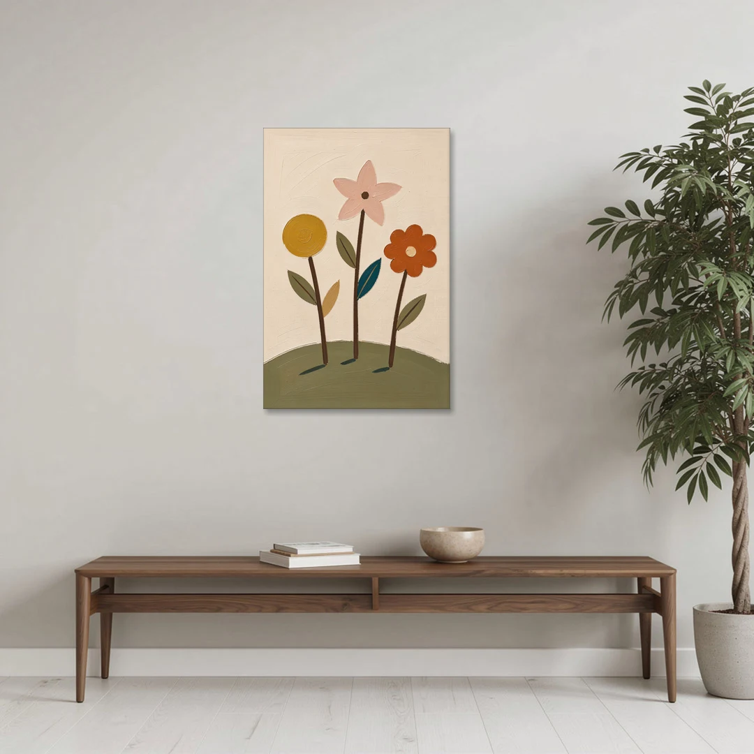 Whimsical Flower Painting of Three Hilltop Stems - Canvas Wall Art - Coffee Table - 24x36