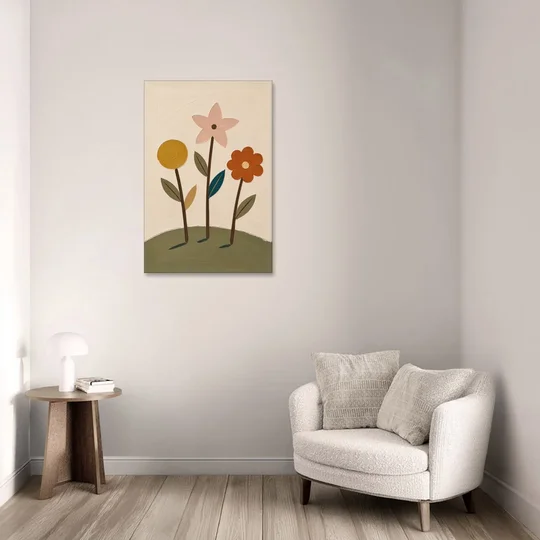 Whimsical Flower Painting of Three Hilltop Stems - Canvas Wall Art - Sofa - 24x36