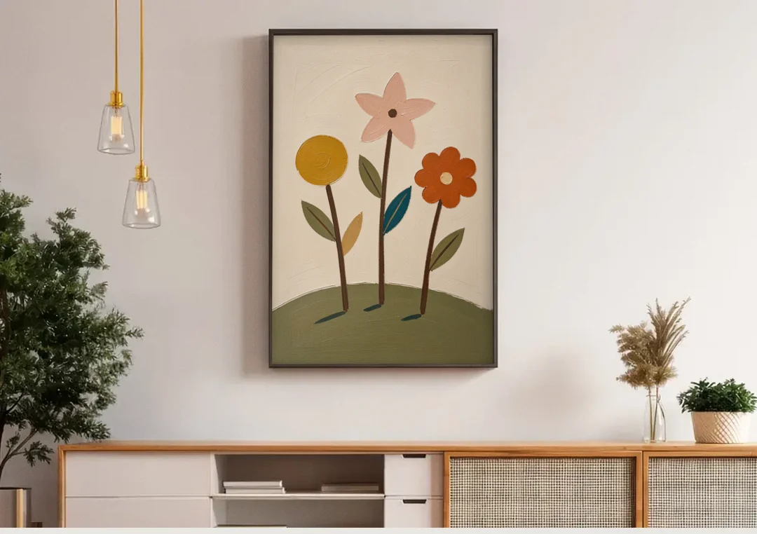 Whimsical Flower Painting of Three Hilltop Stems canvas wall art above a wooden sideboard under pendant lights