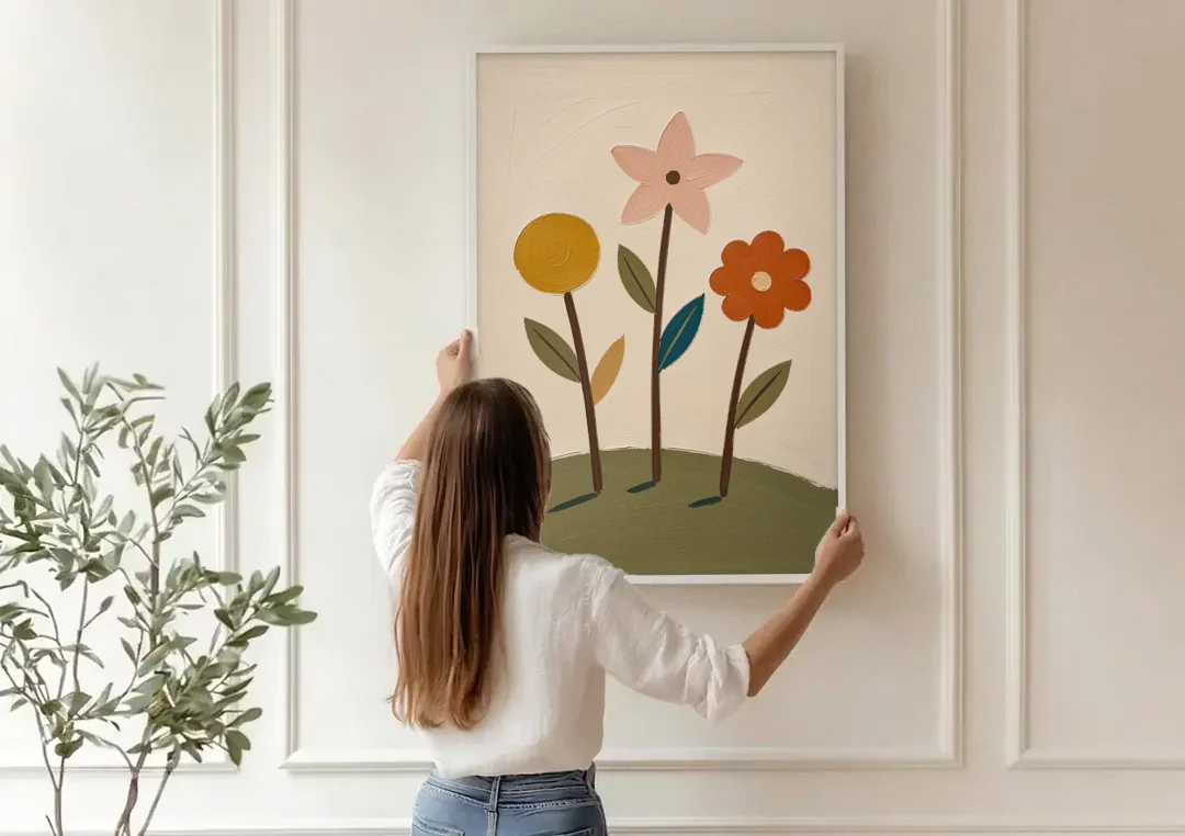 Whimsical Flower Painting of Three Hilltop Stems canvas wall art being hung on a paneled wall