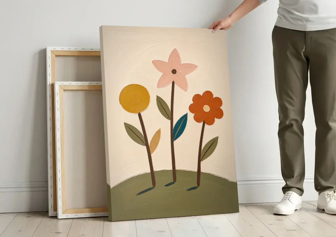 Whimsical Flower Painting of Three Hilltop Stems canvas wall art leaning against a wall next to blank canvases