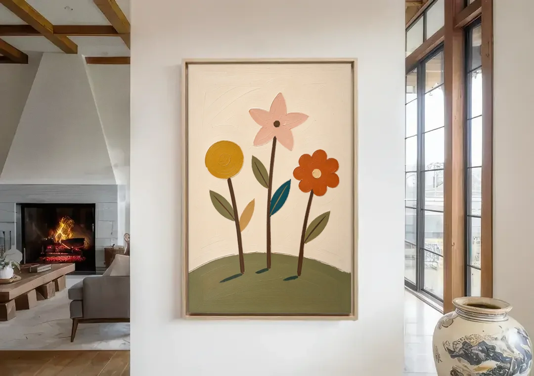 Whimsical Flower Painting of Three Hilltop Stems canvas wall art in a living room with a fireplace