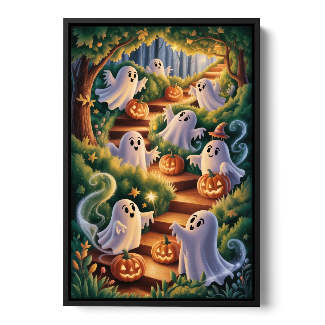 Whimsical Forest Magic  Cute Halloween - Black Framed Canvas Wall Art - Front