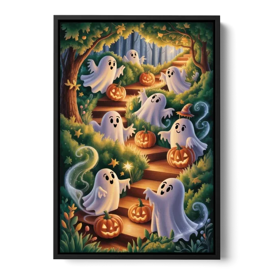 Whimsical Forest Magic  Cute Halloween - Black Framed Canvas Wall Art - Front