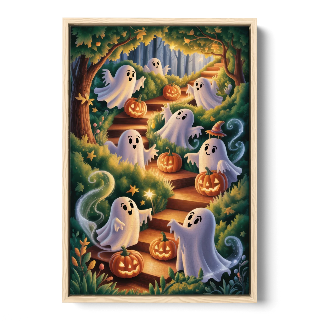 Whimsical Forest Magic  Cute Halloween - Oak Framed Canvas Wall Art - Front