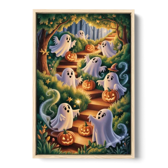 Whimsical Forest Magic  Cute Halloween - Oak Framed Canvas Wall Art - Front