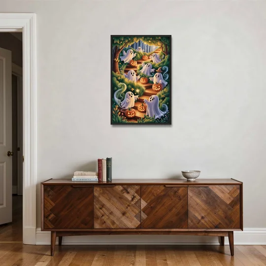 Whimsical Forest Magic  Cute Halloween - Black Framed Canvas Wall Art - Coffee Table - 24x36