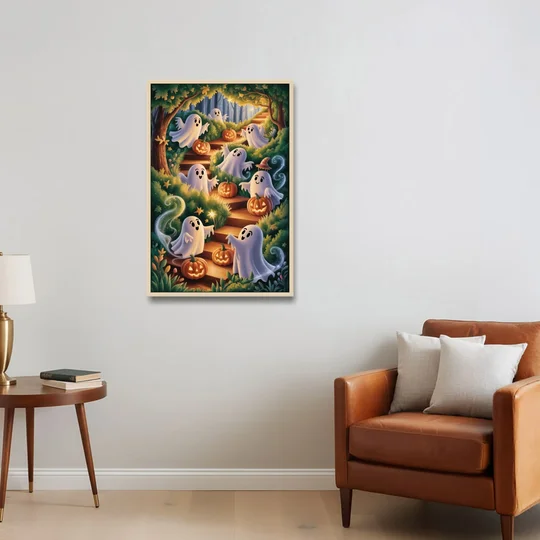 Whimsical Forest Magic  Cute Halloween - Oak Framed Canvas Wall Art - Sofa - 24x36