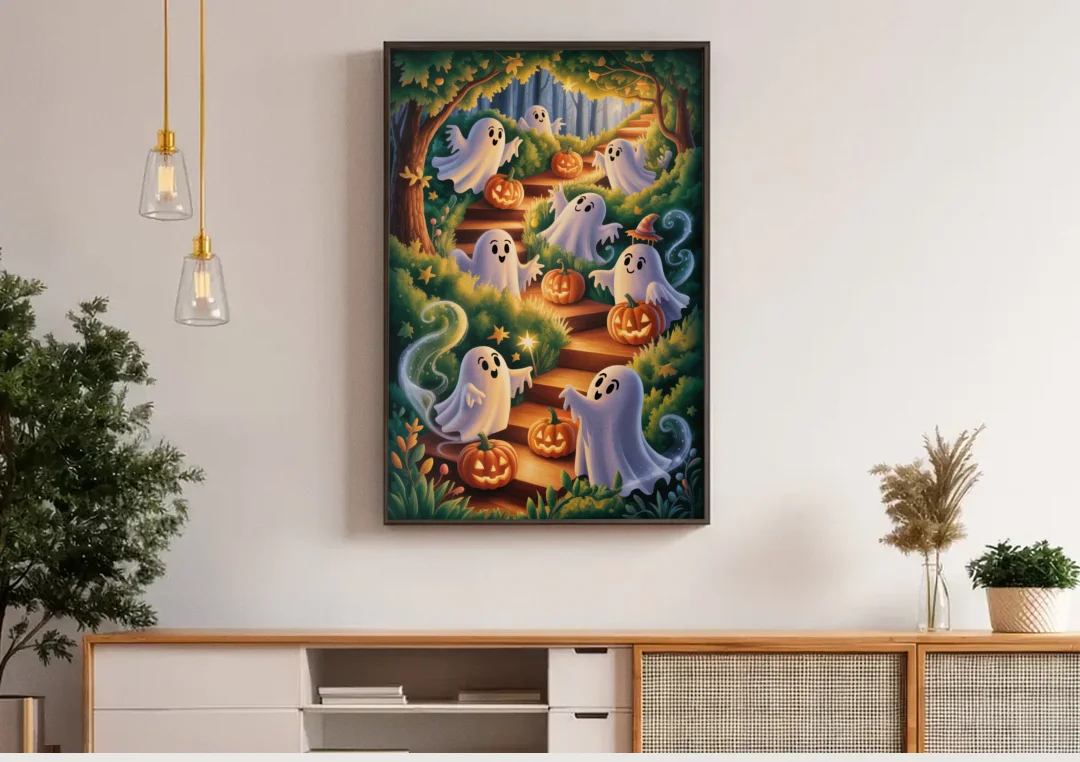 Whimsical Forest Magic  Cute Halloween canvas wall art above a wooden sideboard under pendant lights