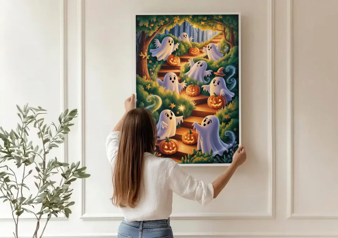 Whimsical Forest Magic  Cute Halloween canvas wall art being hung on a paneled wall