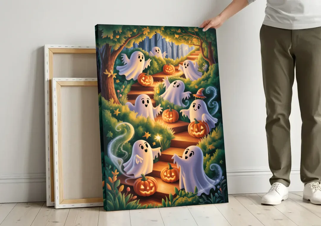 Whimsical Forest Magic  Cute Halloween canvas wall art leaning against a wall next to blank canvases