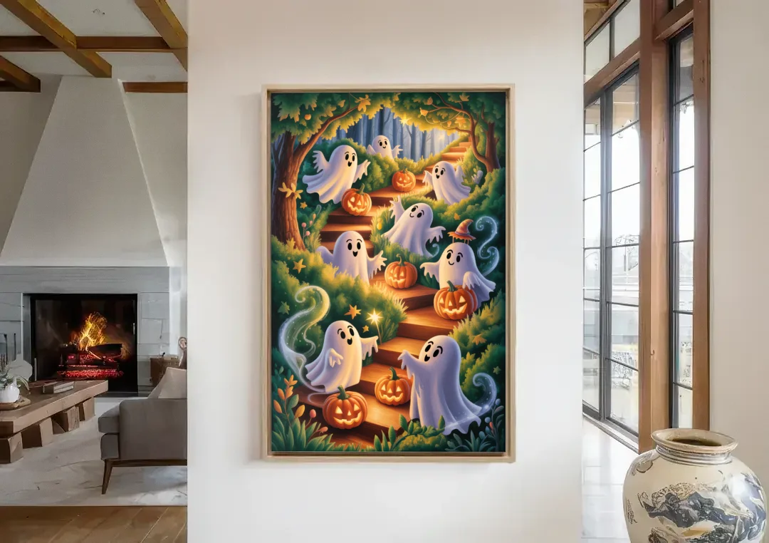 Whimsical Forest Magic  Cute Halloween canvas wall art in a living room with a fireplace