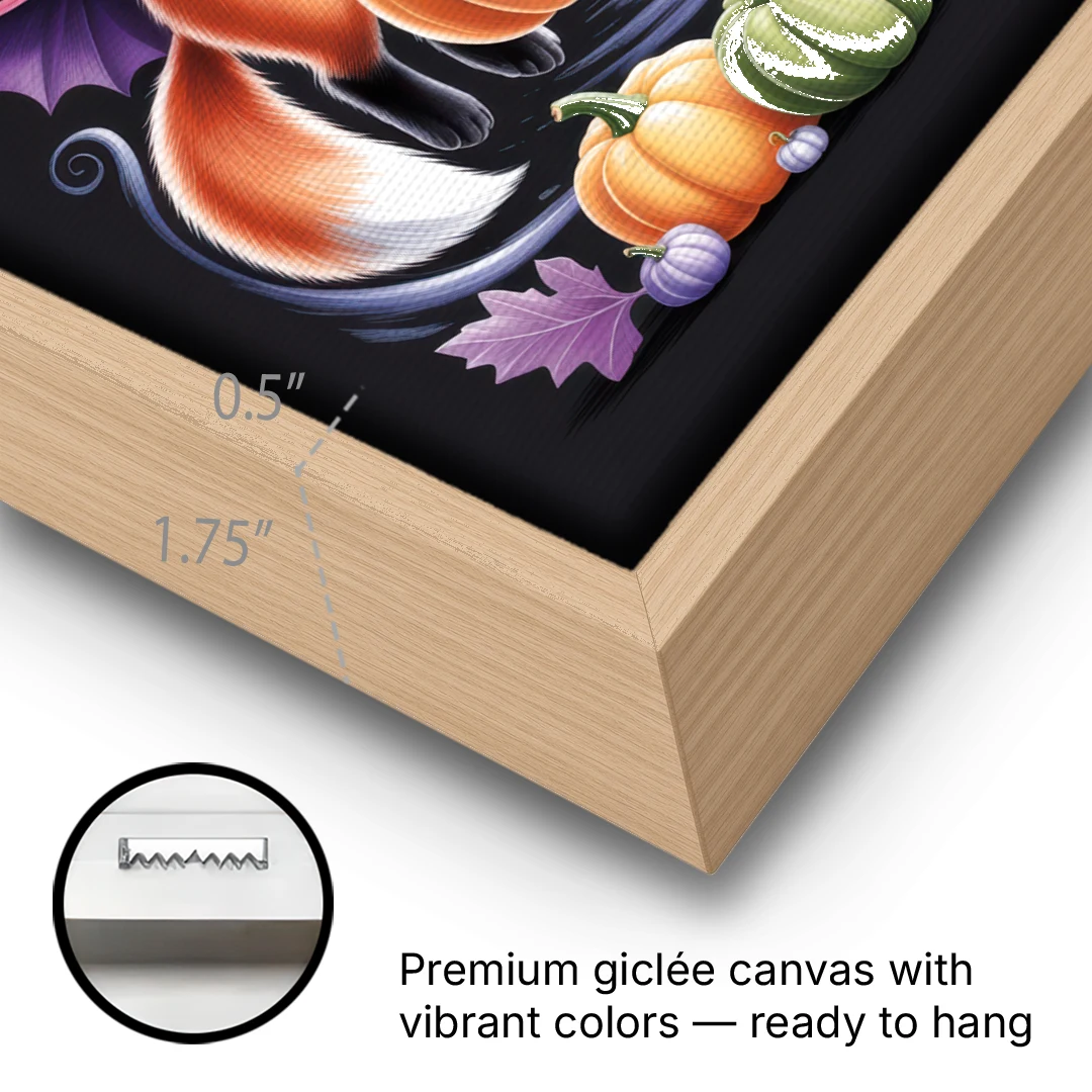 Whimsical Fox and Rabbit Cute Halloween - Oak Framed Canvas Wall Art - Gallery Wrap Corner