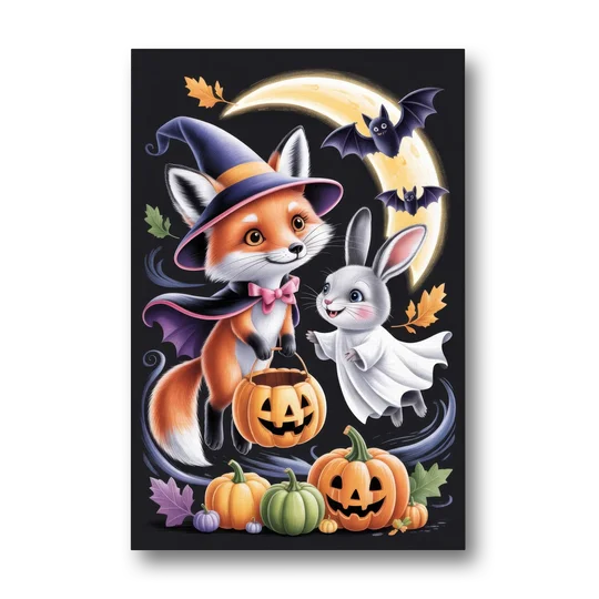Whimsical Fox and Rabbit Cute Halloween - Canvas Wall Art - Front