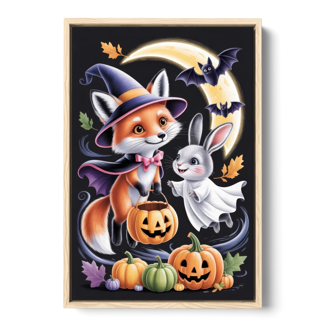 Whimsical Fox and Rabbit Cute Halloween - Oak Framed Canvas Wall Art - Front