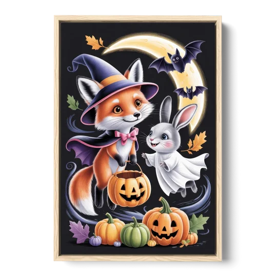 Whimsical Fox and Rabbit Cute Halloween - Oak Framed Canvas Wall Art - Front