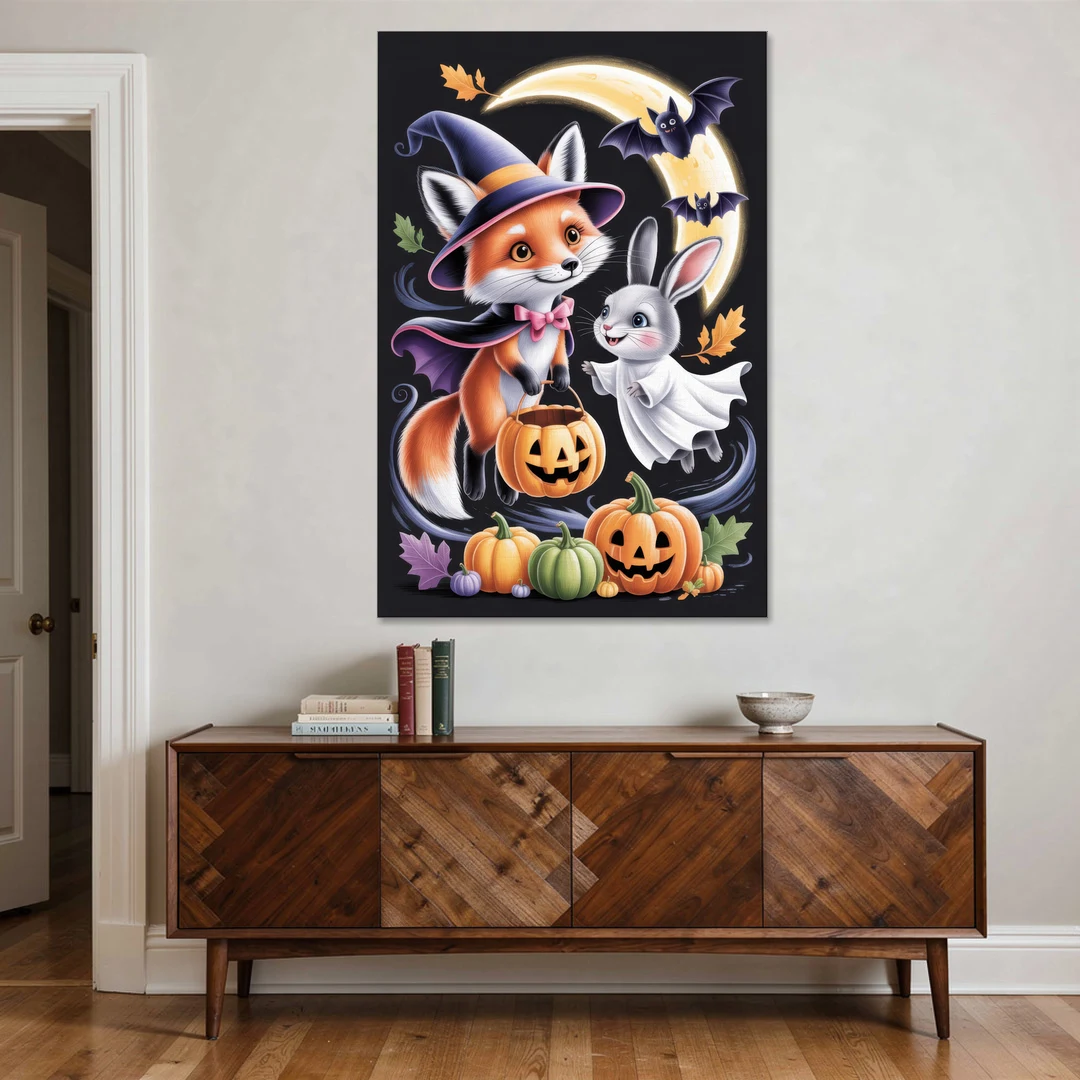 Whimsical Fox and Rabbit Cute Halloween - Canvas Wall Art - Coffee Table - 40x60
