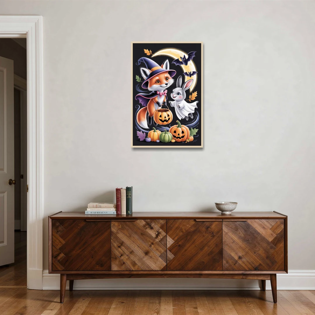 Whimsical Fox and Rabbit Cute Halloween - Oak Framed Canvas Wall Art - Coffee Table - 24x36